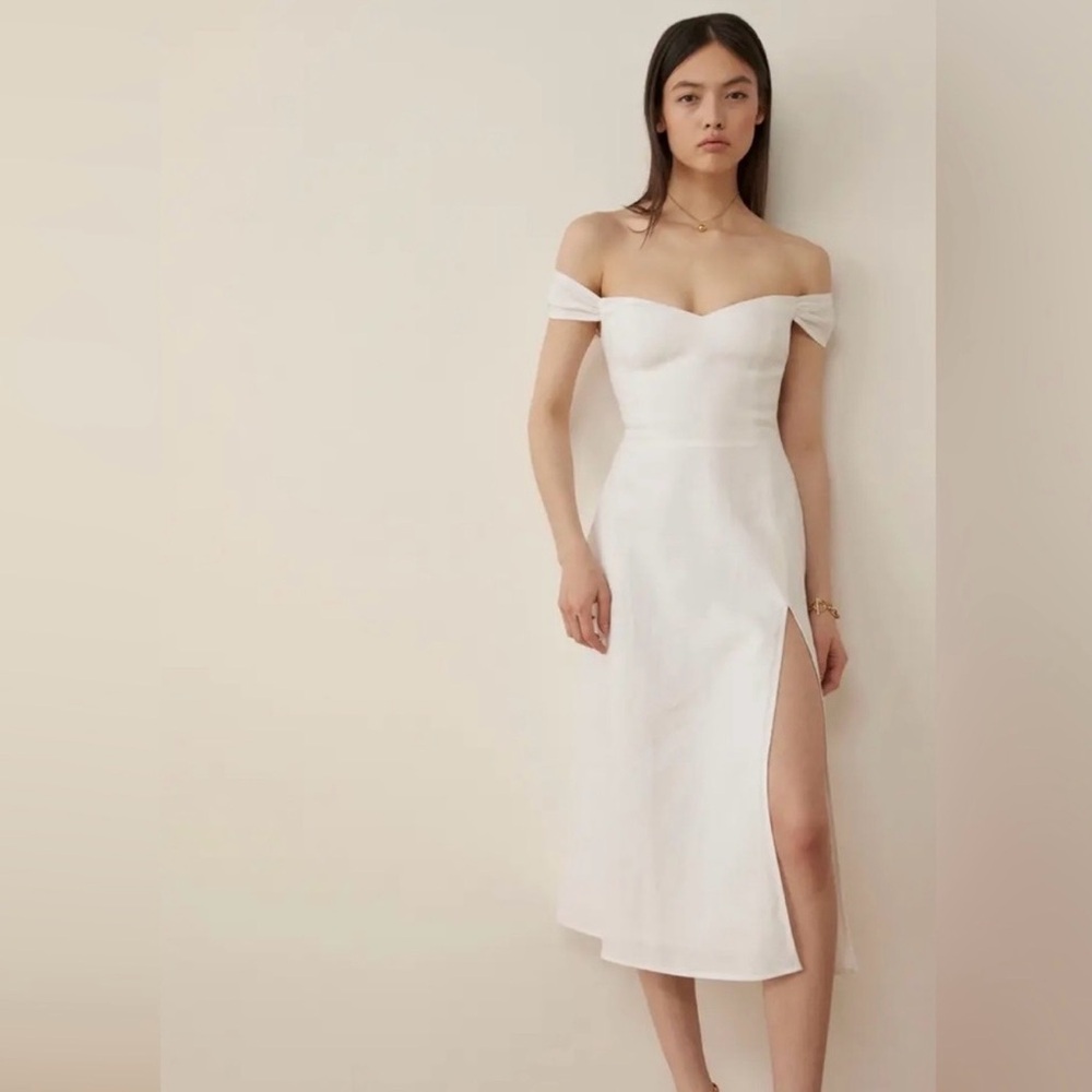 NEW REFORMATION Bridgton Dress Linen White Off the Shoulder Dress 4 NWT